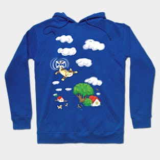 cartoon flying cat over houses Hoodie